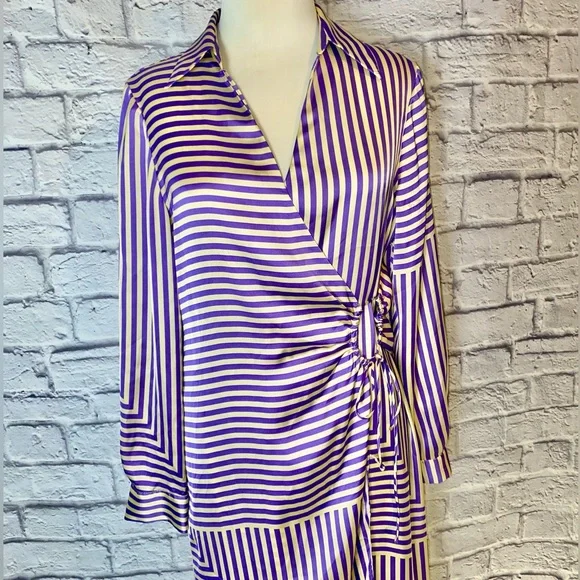 Mango (MNG) Satin Purple & Cream Striped Wrap Dress. Mid Length. Size 8. - Picture 4 of 15